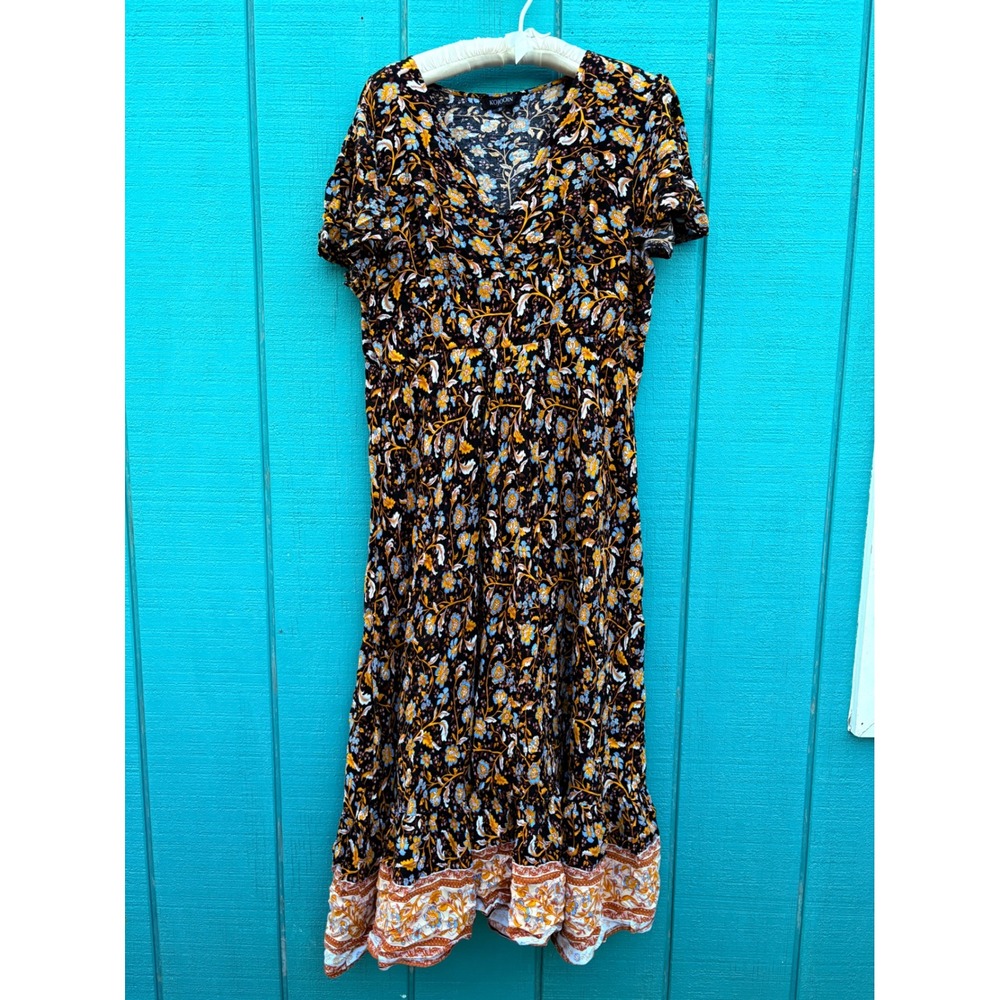 KOJOOIN Womens XL Floral‎ Boho Midi Dress V-Neck Flutter Sleeve Black Multicolor